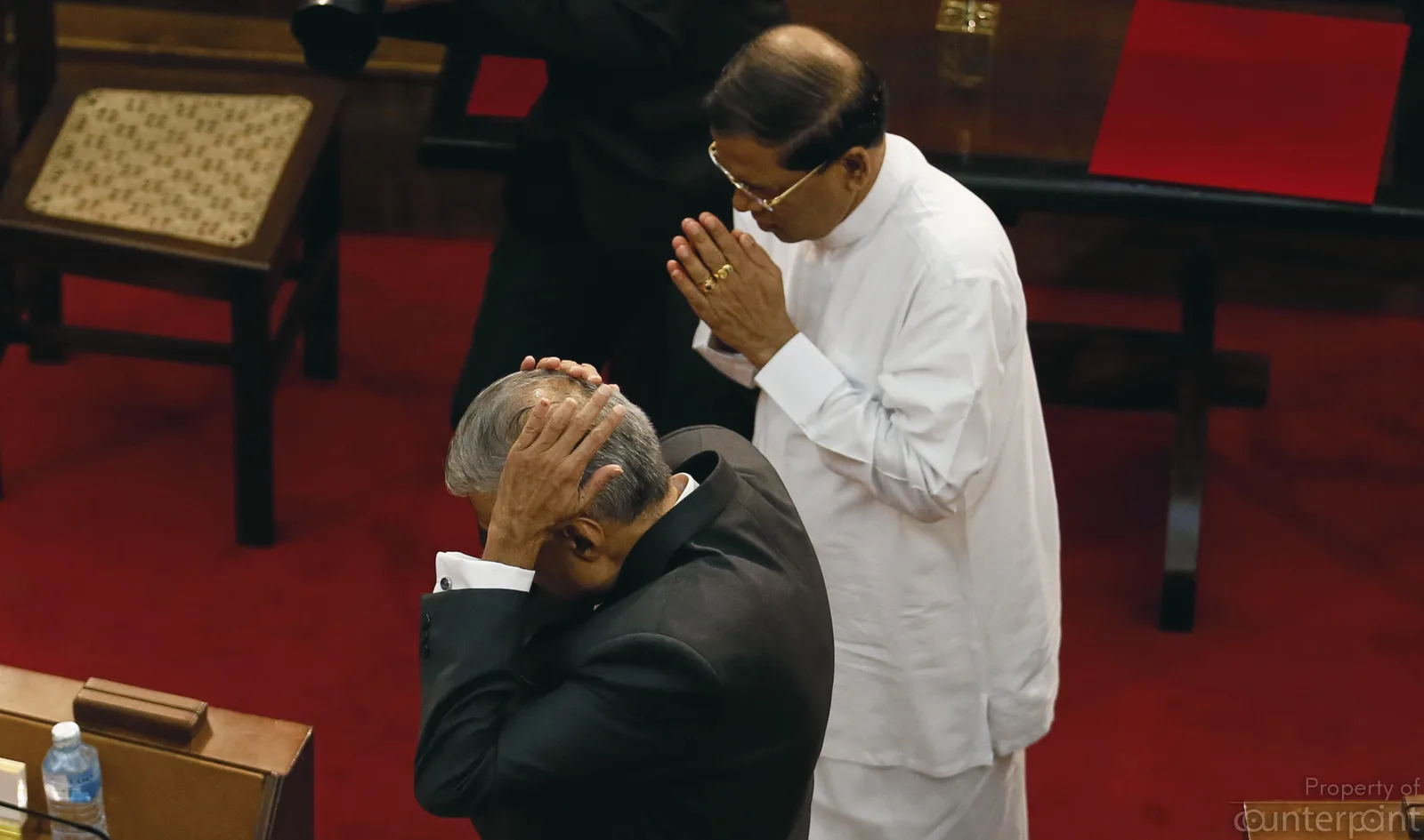 Ranil Wickremesinghe, leader of the United National Party with Sri Lanka's President Maithripala Sirisena during a ceremony to swear Wickremesinghe as the Sri Lanka's new prime minister in 2015.
