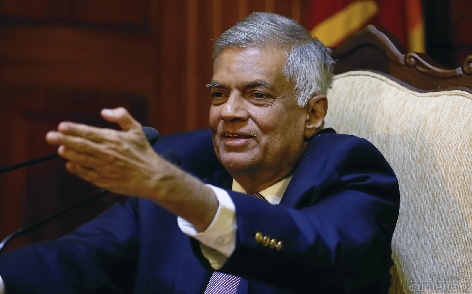 Prime Minister Ranil Wickremesinghe speaks during a news conference after the local government election in 2017. 