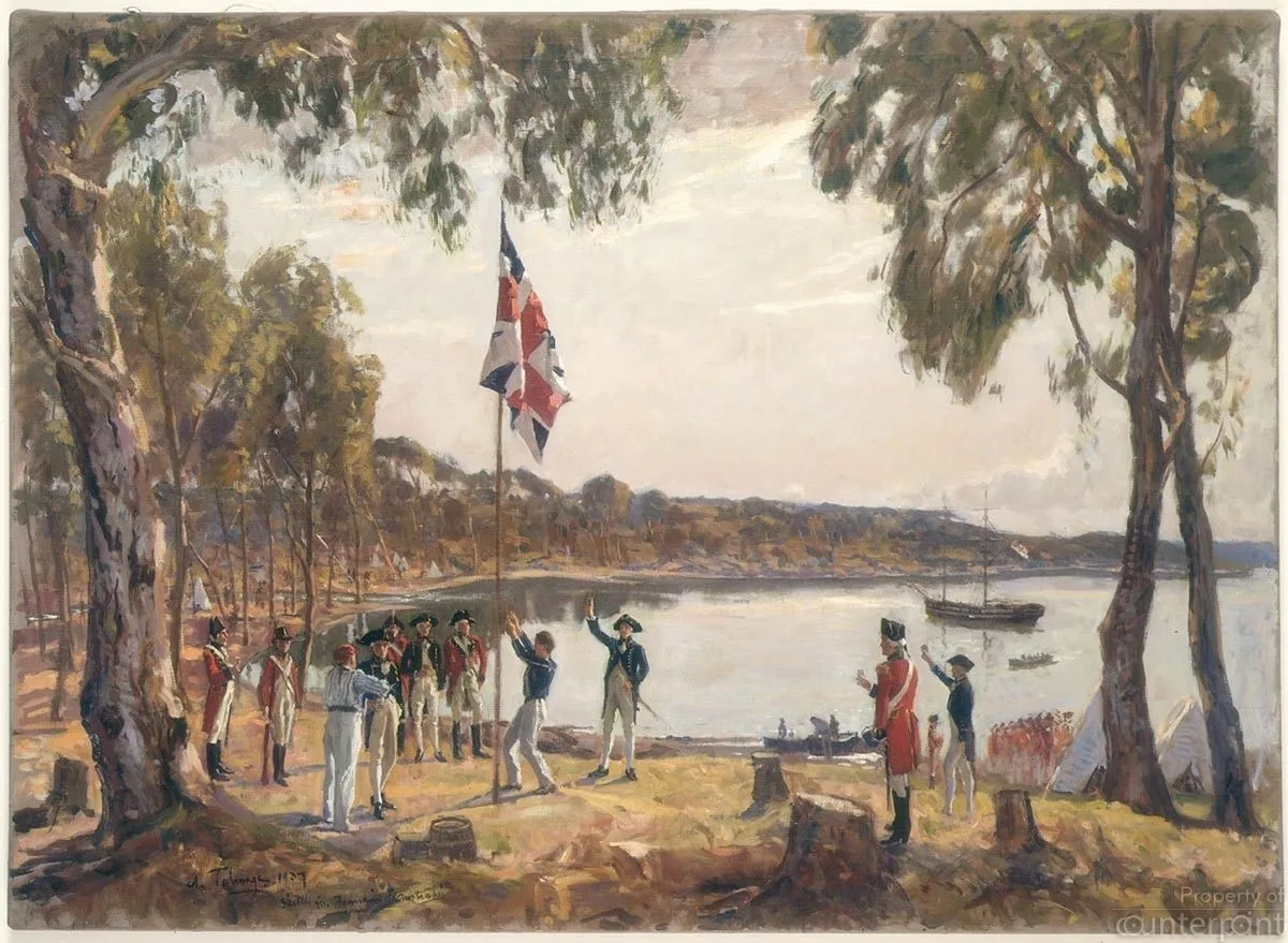 Capt. Arthur Phillip raising the British flag at Sydney Cove, 26 January 1788