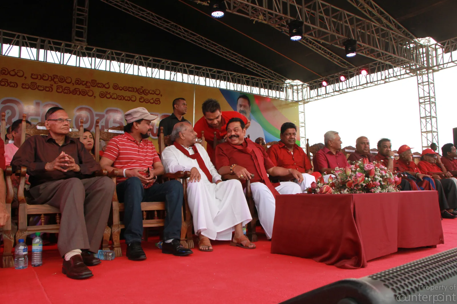 Leaders of the Sri Lanka Podujana Peramuna during happier times, on stage at the May Day rally in Galle this year, soon after winning the local government elections. Now they are bickering over the candidate for the next presidential election.