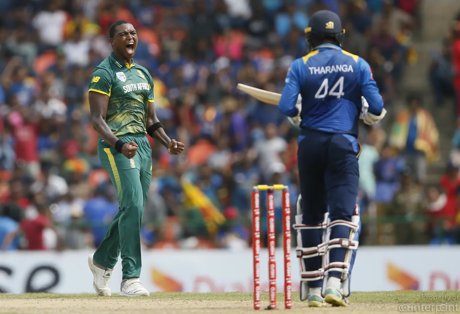 South Africa's Lungi Ngidi celebrates after taking the wicket of Sri Lanka's Upul Tharanga during the third One Day International. Sri Lanka got thrashed in the first 3 matches before making a comeback on the fourth.