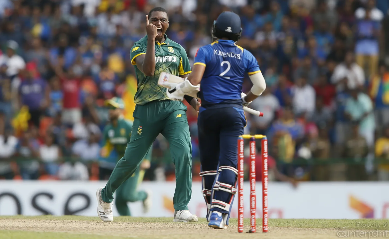 South Africa's Lungi Ngidi celebrates after taking the wicket of Sri Lanka's Kusal Mendis during the third One Day International. Sri Lanka's top order was not consistent in the first 3 matches.