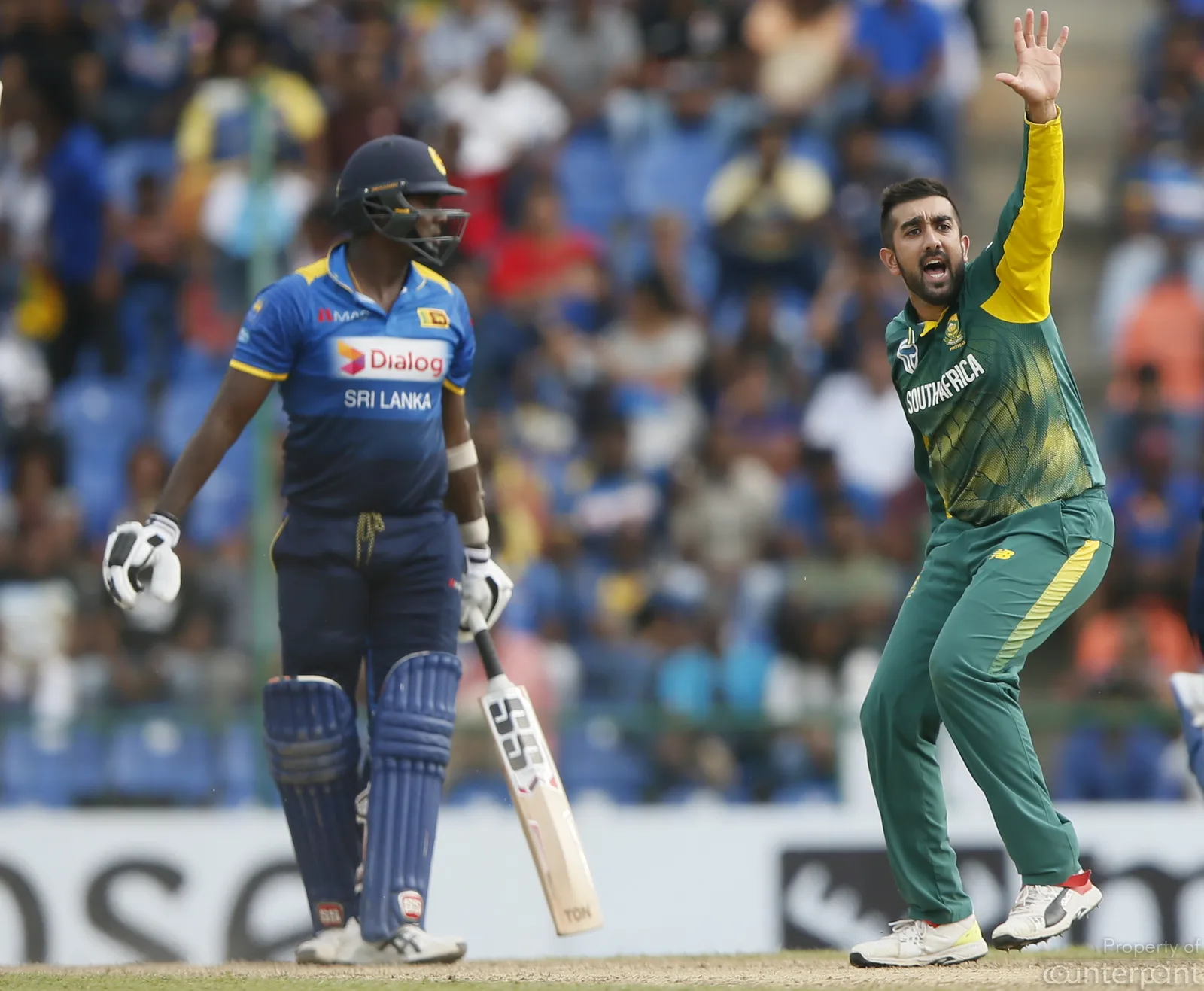 South Africa's Tabraiz Shamsi appeals successfully to get the wicket for Sri Lanka's captain Angelo Mathews. His return to the game after injury was anything but spectacular. 
