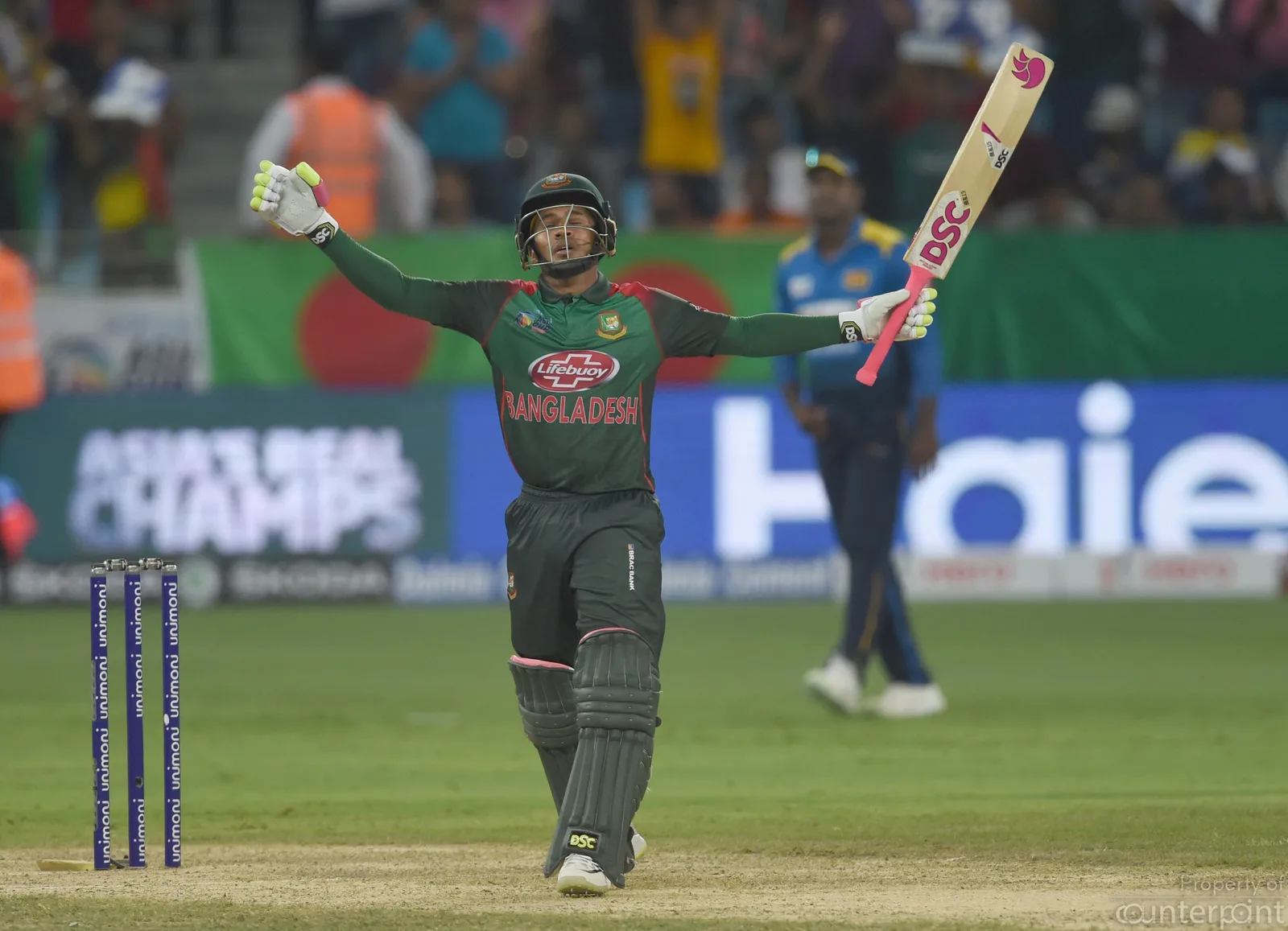 Bangladesh captain raises the bat after scoring a century. Even after that defeat, Lankan fans were optimistic.