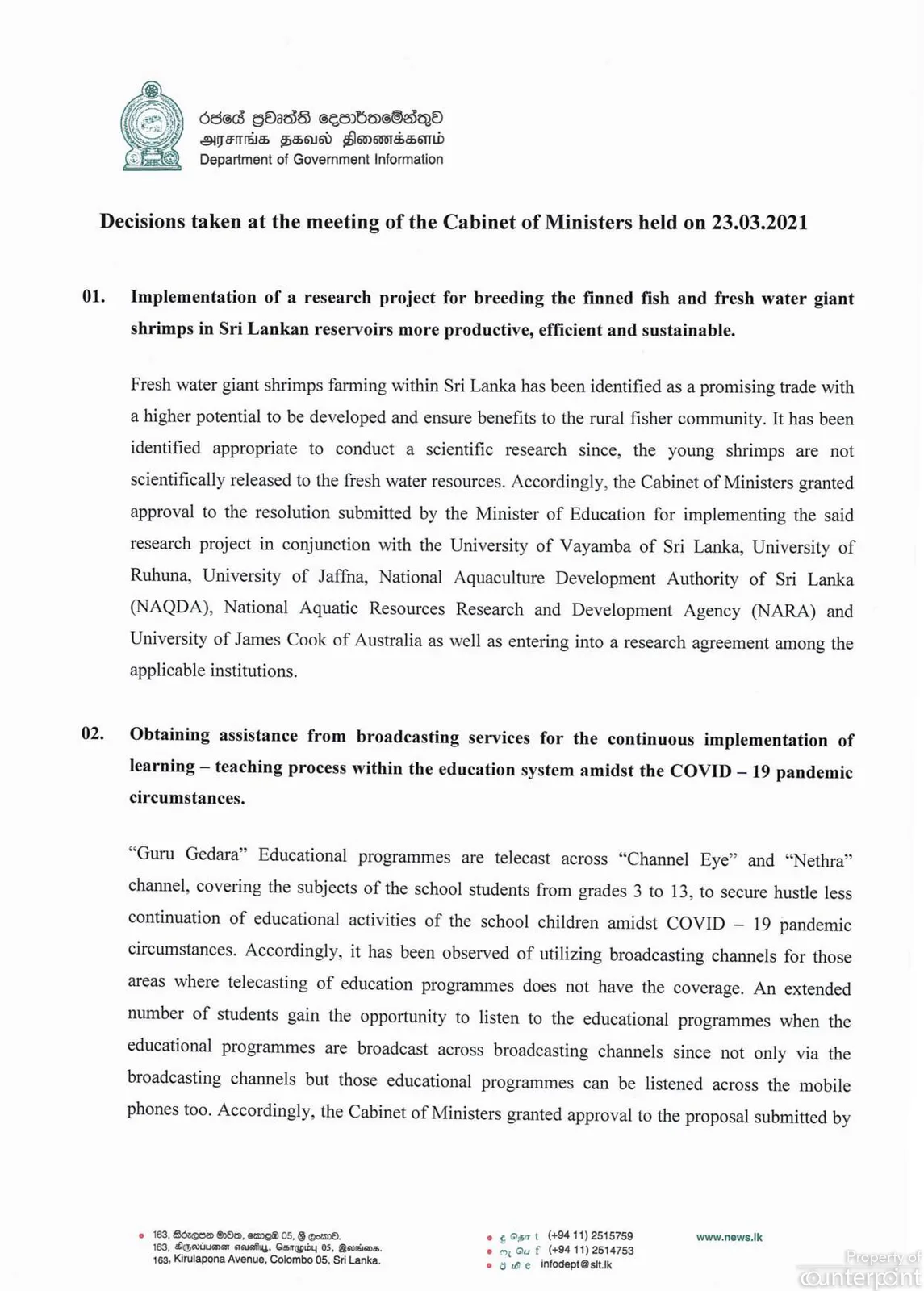 01 Cabinet Decision on 23.03